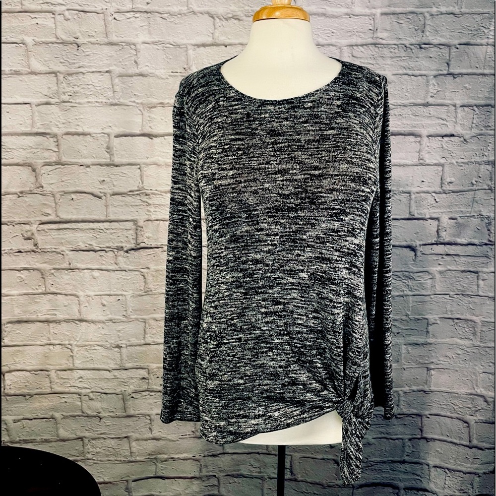 Max Studio long knit sweater with tie bottom, marled black, size M